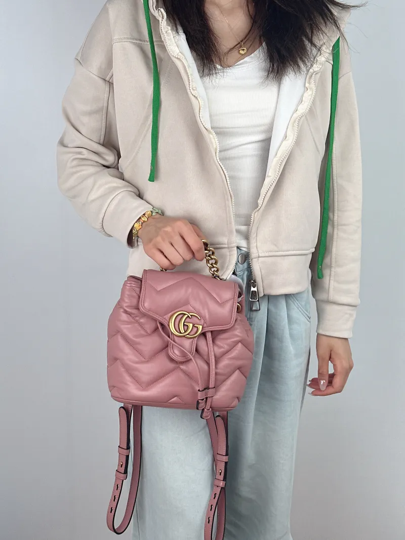 GUCCI Backpack GG Marmont Marmont Backpack Pink Lambskin Mini 20 × 11 × 19 cm — on-model view 3 of 3