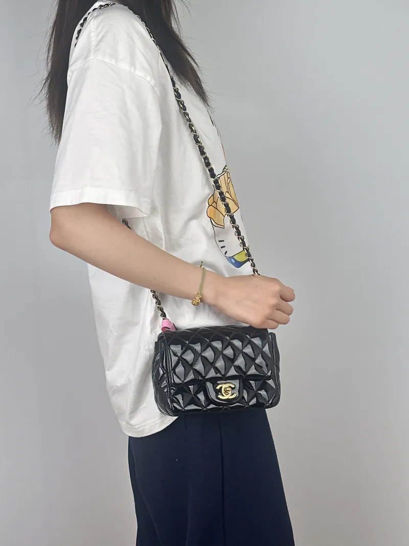 Chanel Crossbody Bag Classic Flap Mini CF Mini Black with Gold-Tone Hardware Patent Leathermini17 × 8 × 13.5 cm — on-model view 2 of 2