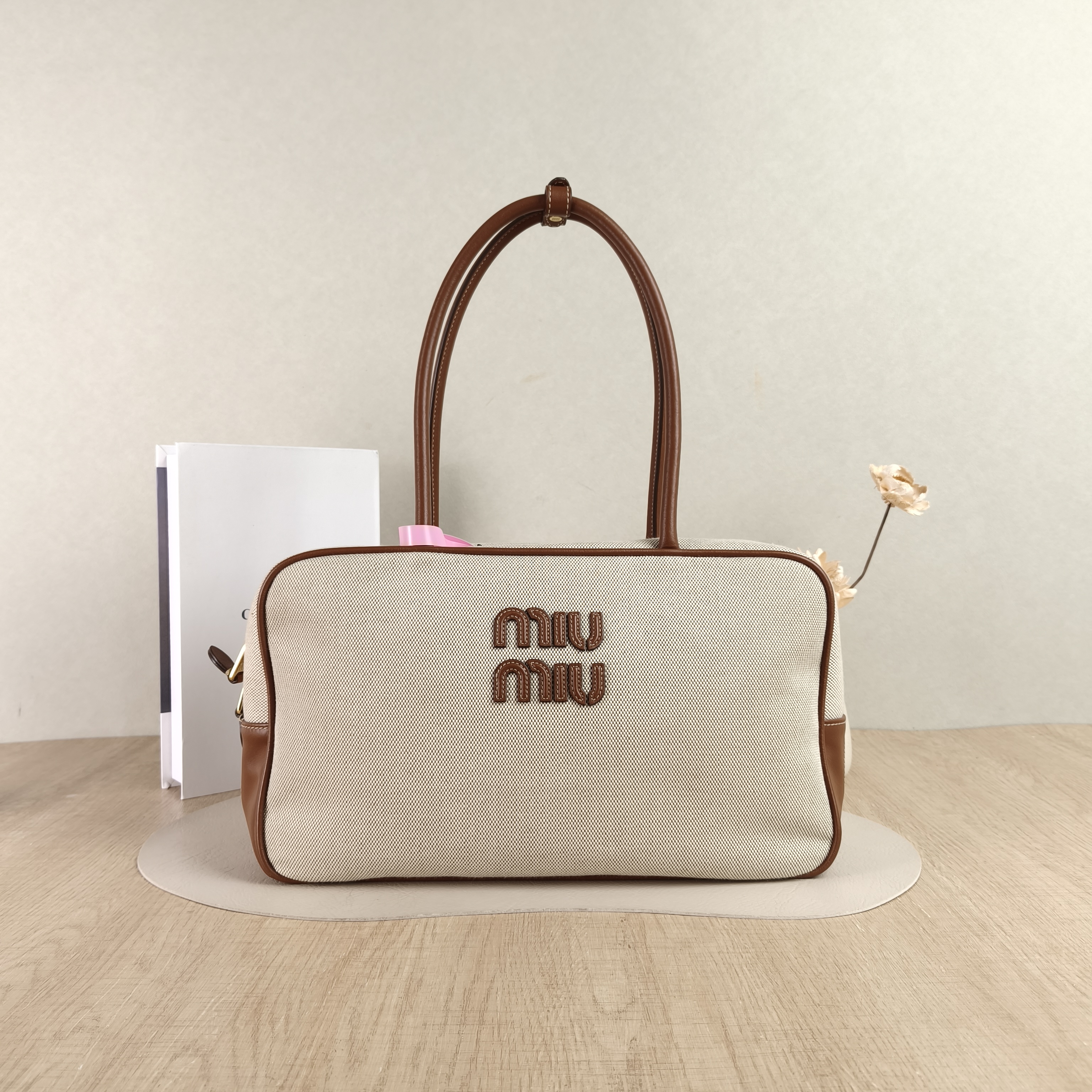 Miumiu Top Handle Bag Beau Brown Canvas · Calfskin Large34 × 10 × 20 cm