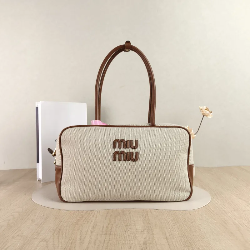 Miumiu Top Handle Bag Beau Brown Canvas · Calfskin Large34 × 10 × 20 cm