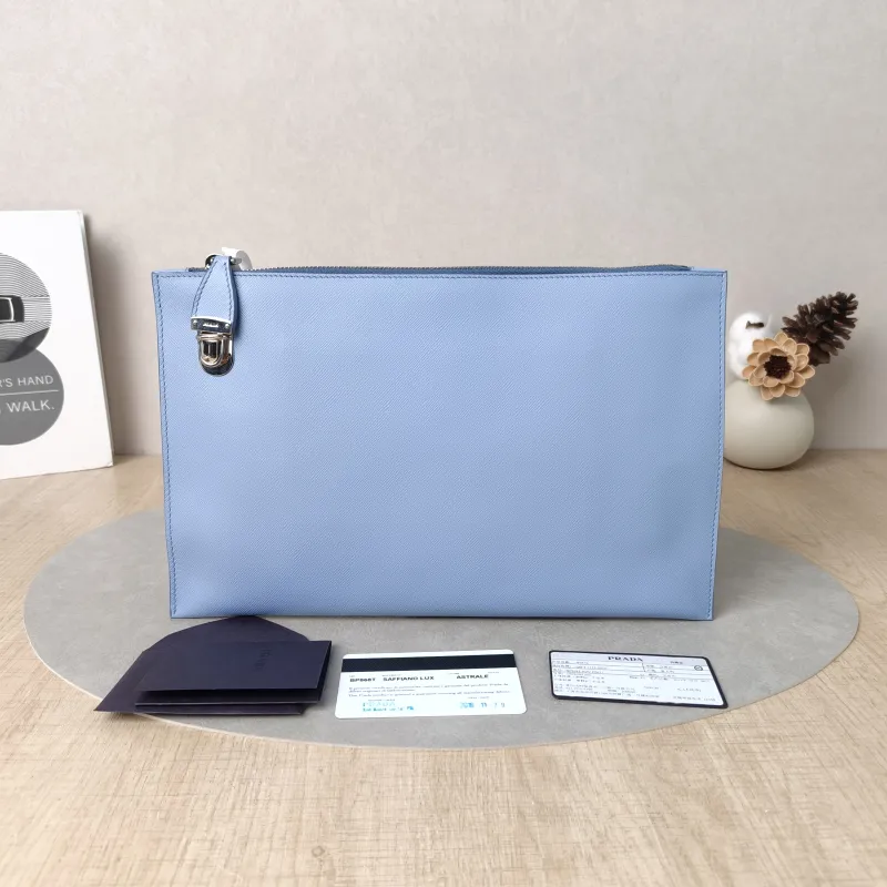 PRADA Clutch Clutch Blue Calfskin 30*19 — cover view 4 of 6