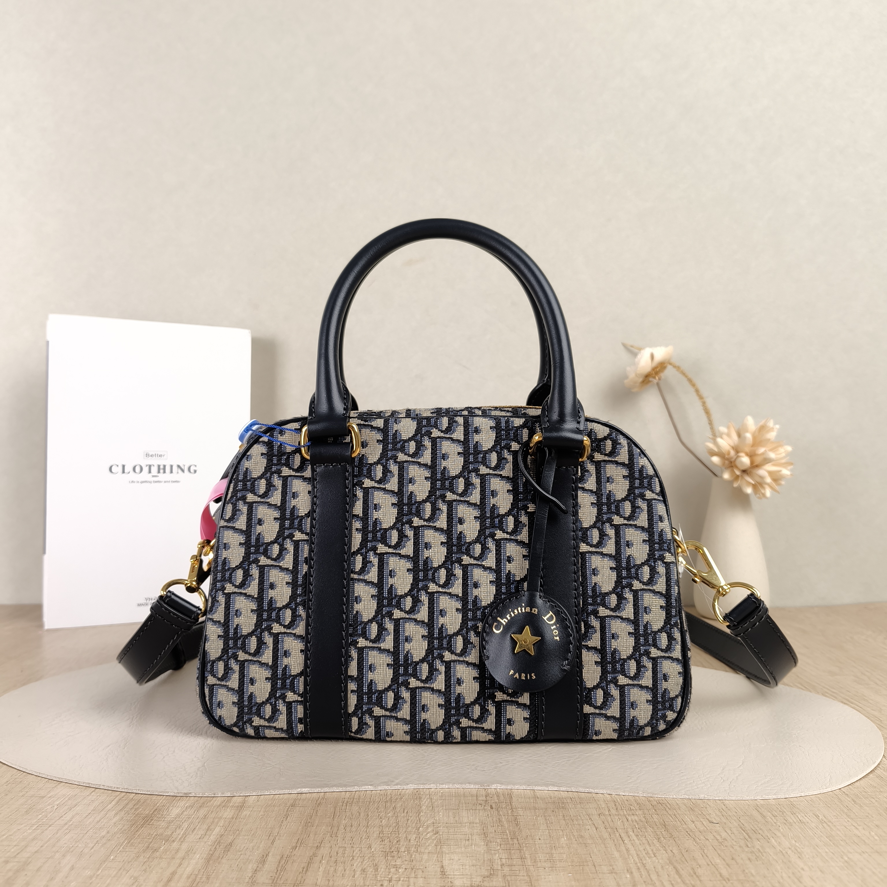 DIOR Crossbody Bag D-Vibe Bowling Bag Blue Canvas Medium25 × 9.5 × 16 cm