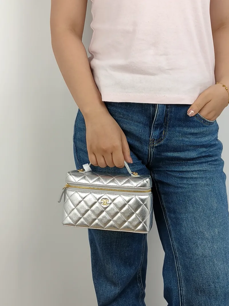 Chanel Crossbody Bag lp Box Bag Top Handle Crossbody Bag Silver Grained Calfskin 19.5 × 5 × 17 cm — on-model view 2 of 3