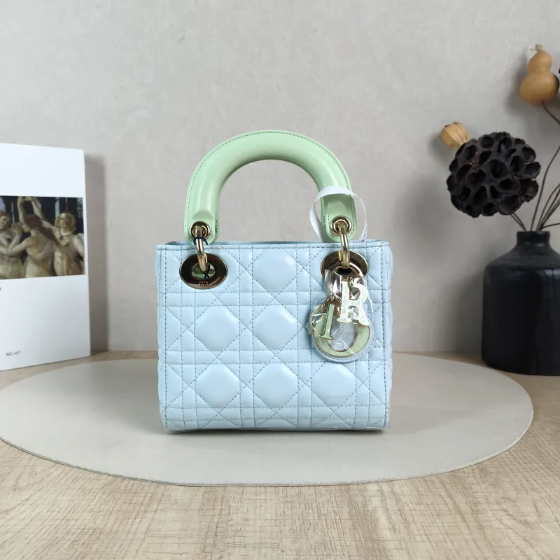 DIOR Crossbody Bag Lady Lady Dior Bag Green Blue Lambskin mini17 × 7 × 15 cm