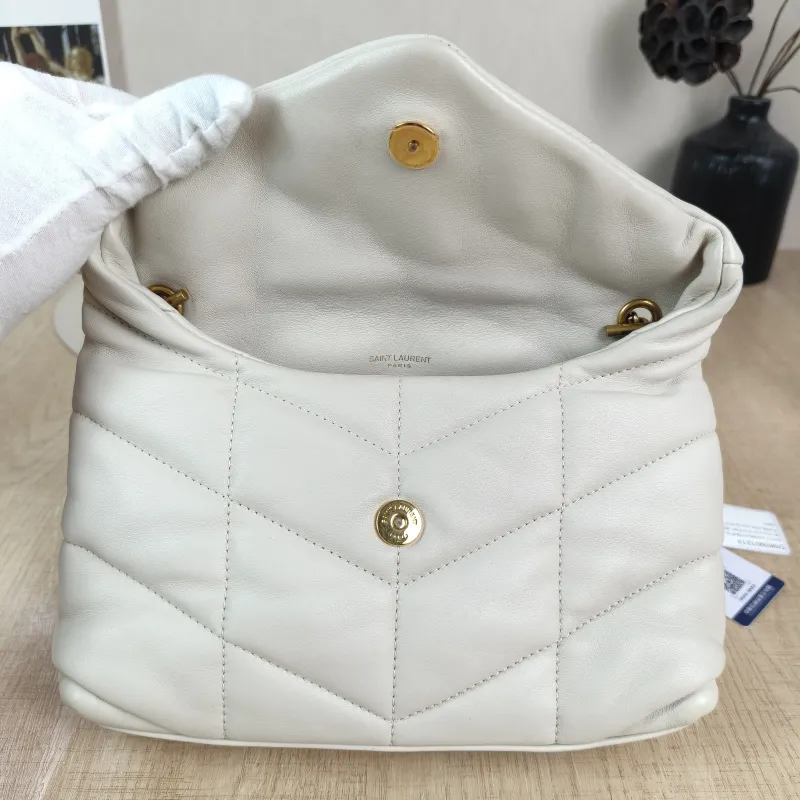 SAINT LAURENT Crossbody Bag LOULOU PUFFER White Lambskin Mini 23 × 8.5 × 15.5 cm — detail view 11 of 12
