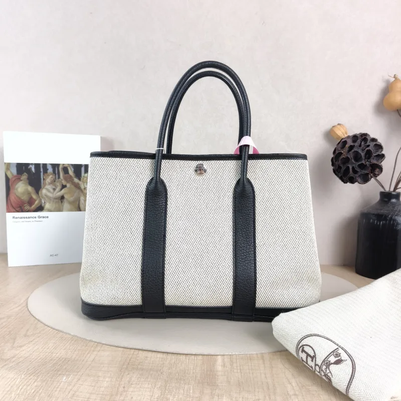 Hermès Top Handle Bag Garden Party 30 30 Beige · Black Canvas · Negonda Calfskin Medium 30 × 13 × 21 cm B — cover view 3 of 6