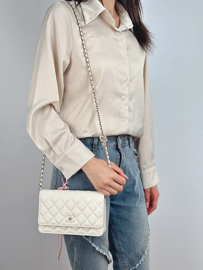 Chanel Crossbody Bag Classic Flap WOC CF WOCWOC Bag White Grained Calfskin 19.2 × 3.5 × 12.3 cm — on-model view 2 of 2