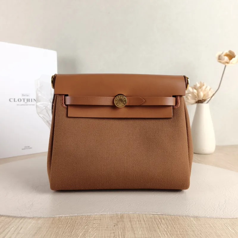 Hermès Crossbody Bag Herbag Zip 20 37 Brown Calfskin，Canvas Mini 20.5 × 7 × 16.5 cm G