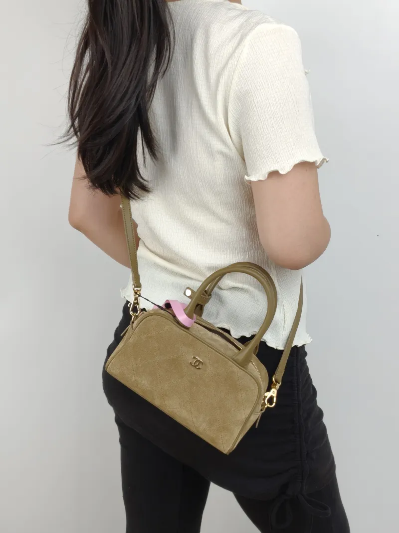 Chanel Crossbody Bag Bowling Bag Taupe Suede One Size 20 × 9 × 12 cm — on-model view 3 of 3