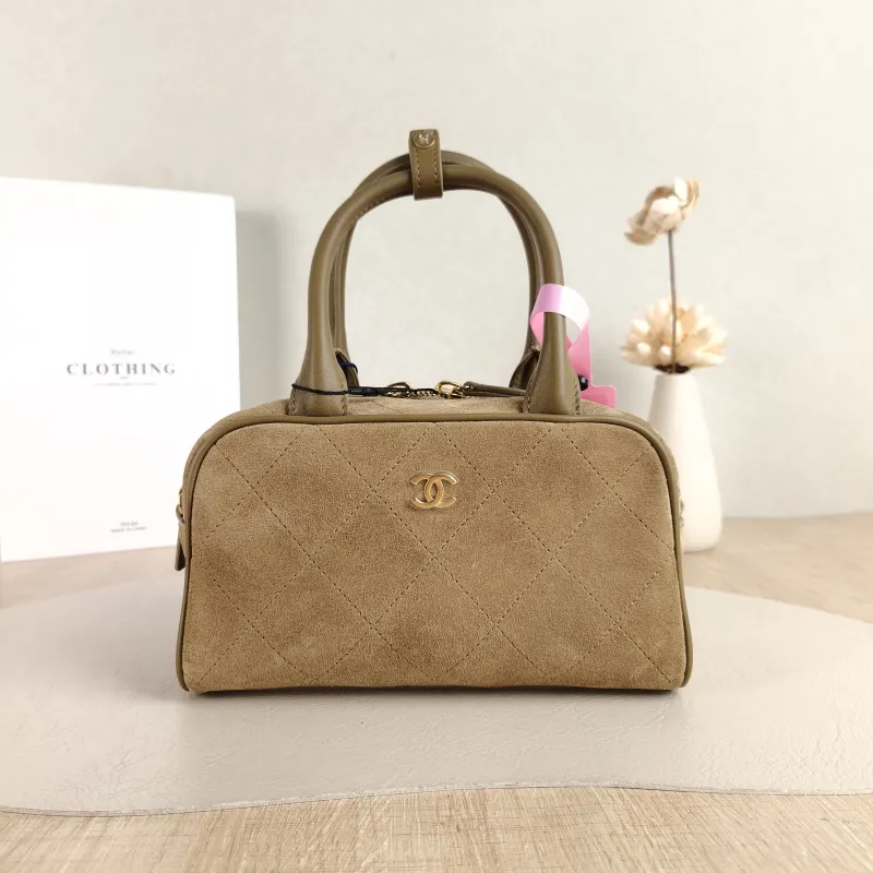 Chanel Crossbody Bag Bowling Bag Taupe Suede One Size 20 × 9 × 12 cm