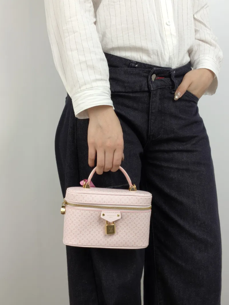 Louis Vuitton Shoulder Bag VANITY POUCH Cosmetic Bag Pink Calfskin One Size 19 × 6.5 × 11.5 cm — on-model view 2 of 3