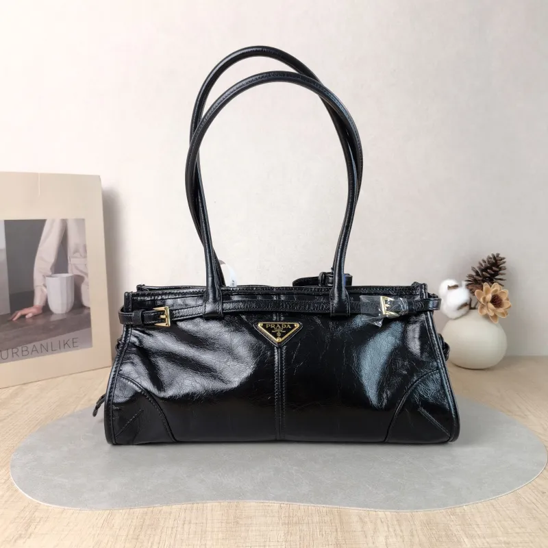 PRADA Shoulder Bag Bonnie Soft Lux Black Waxed Leather Medium 32 × 12 × 15.5 cm