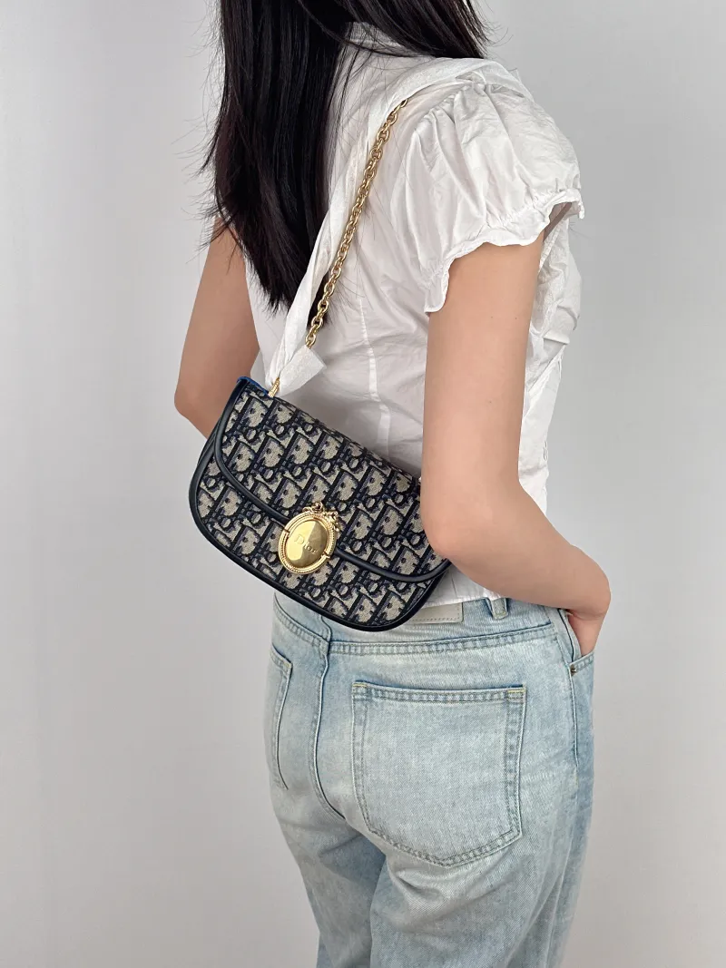 DIOR Shoulder Bag Médaillon Blue Canvas Small 21 × 5.5 × 12 cm — on-model view 3 of 3