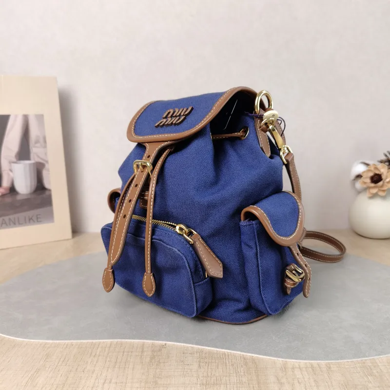 Miumiu Backpack Backpack Blue Brown Canvas Medium 18 × 11.5 × 22 cm — cover view 6 of 6