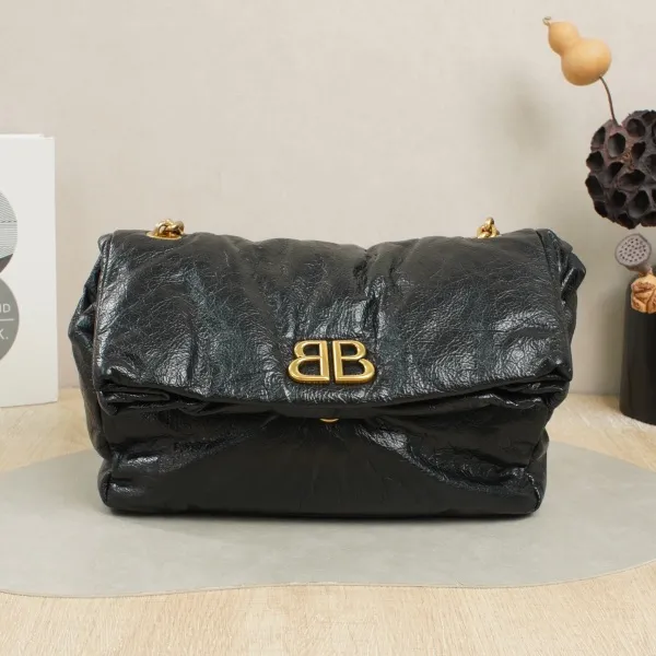 BALENCIAGA Shoulder Bag MONACO Chain Bag Black Calfskin28 × 10 × 18 cm