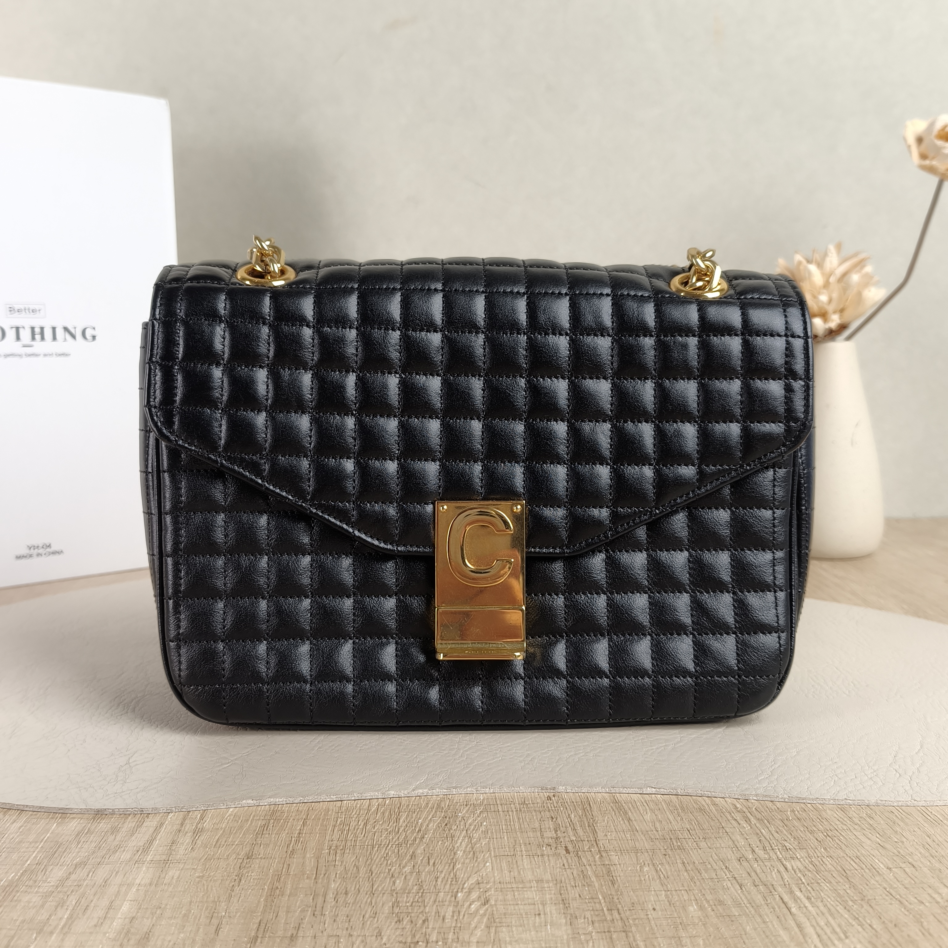 CELINE Crossbody Bag C Bag Chain Bag Black Calfskin Medium21.5 × 7 × 15 cm