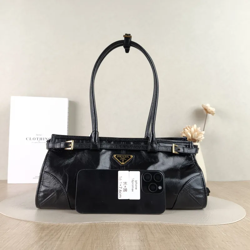 PRADA Shoulder Bag Bonnie Soft Lux Black Waxed Leather Medium 32 × 12 × 15.5 cm — cover view 2 of 5