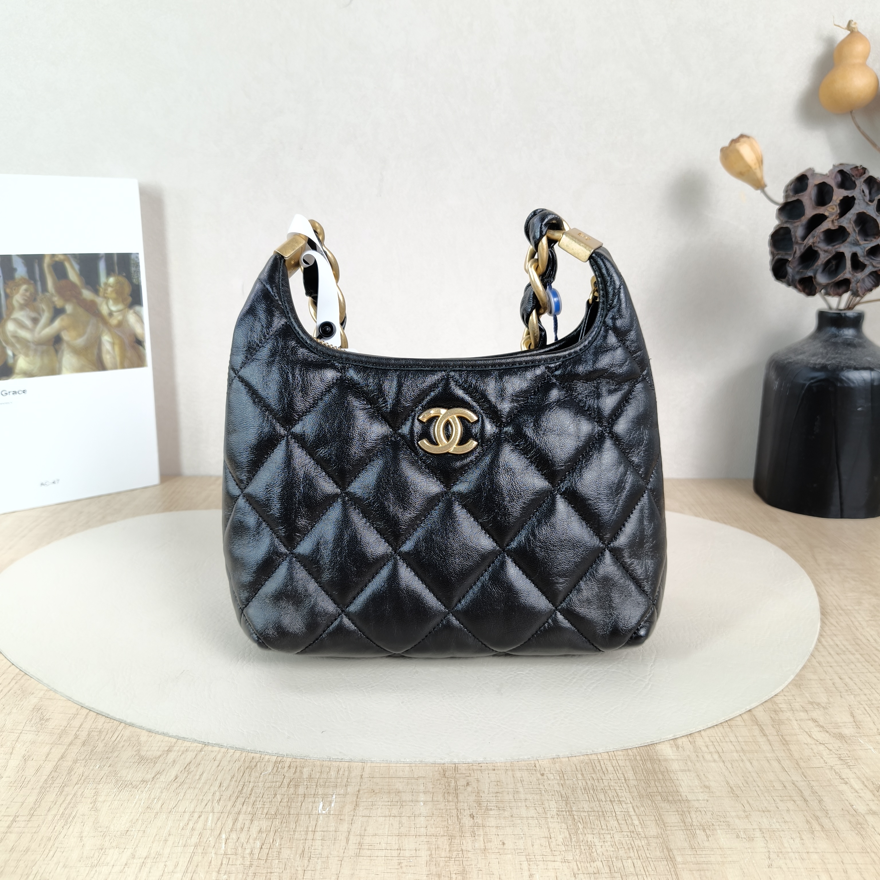 Chanel Shoulder Bag Hobo Black Waxed Leather Small22.5 × 8.5 × 19.5 cm
