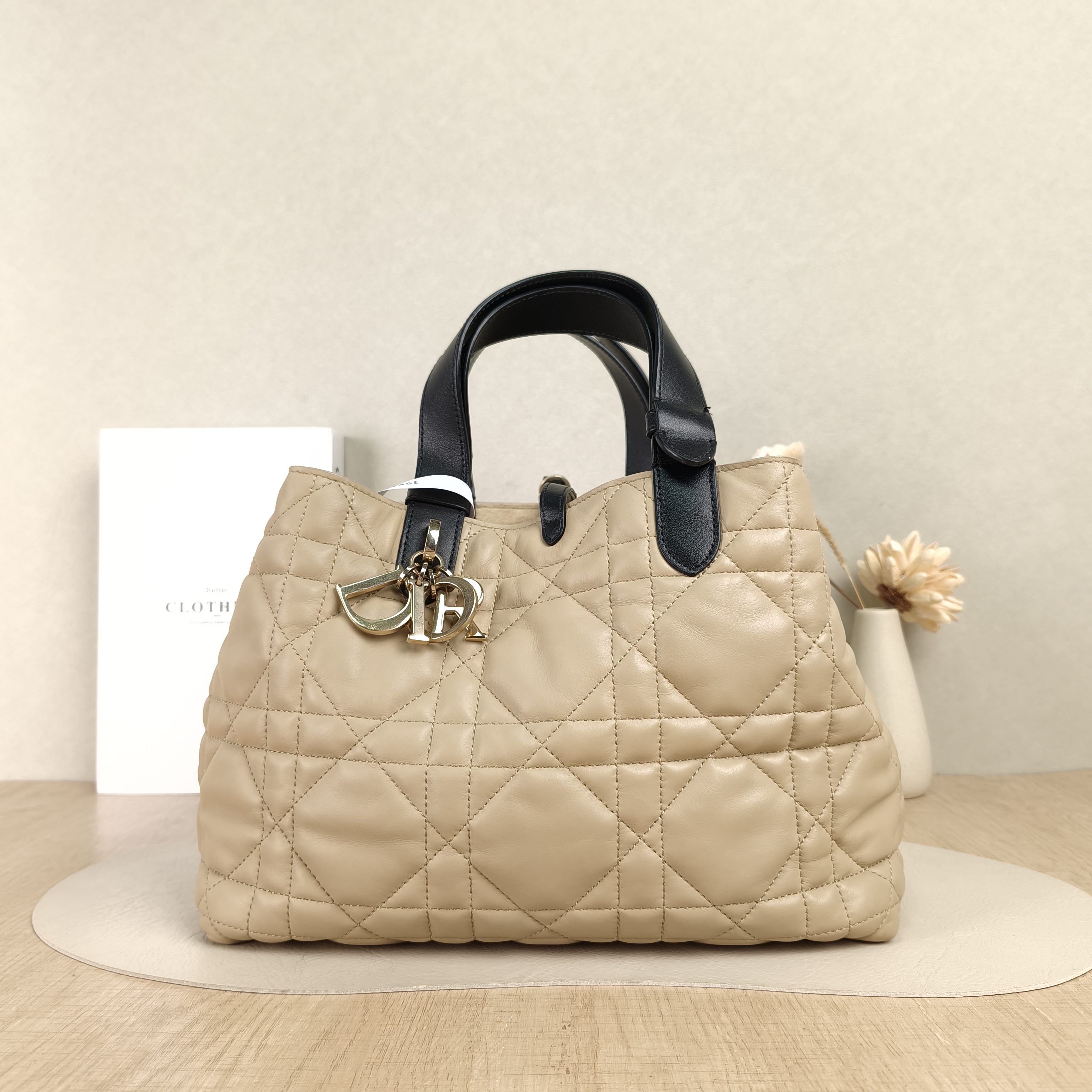 DIOR Top Handle Bag TOUJOURS Beige Black Calfskin Medium28.5 × 17 × 21.5 cm