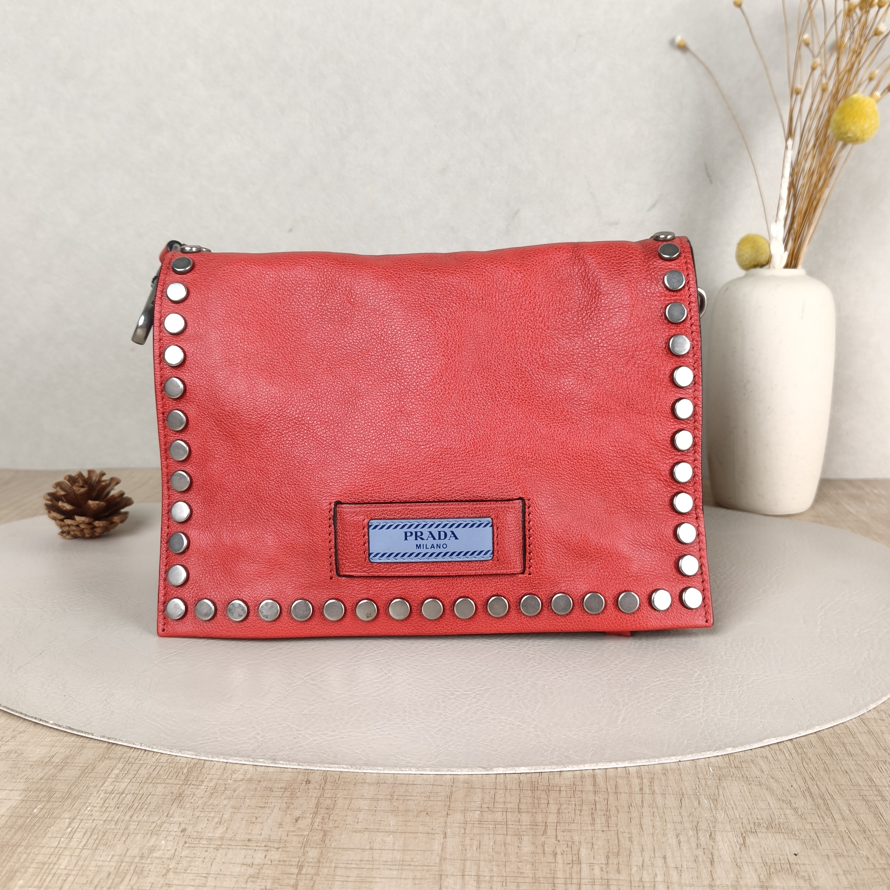 PRADA Shoulder Bag Etiquette Shoulder Bag Red Calfskin Small23 × 10 × 15 cm