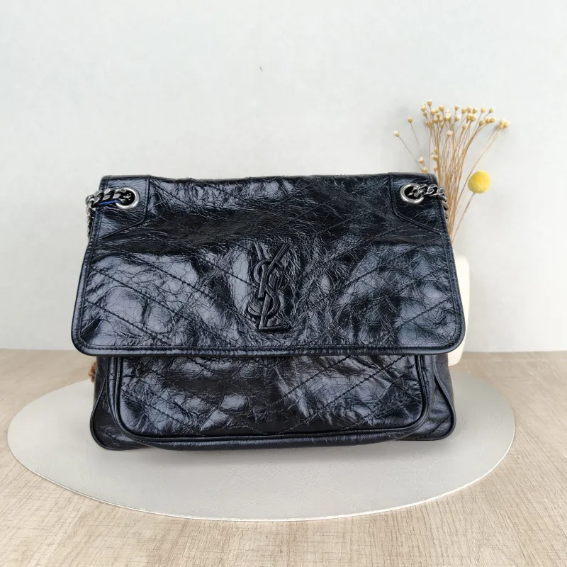 SAINT LAURENT Crossbody Bag Niki Black Waxed Leather Calfskin Large 32 × 9 × 23 cm