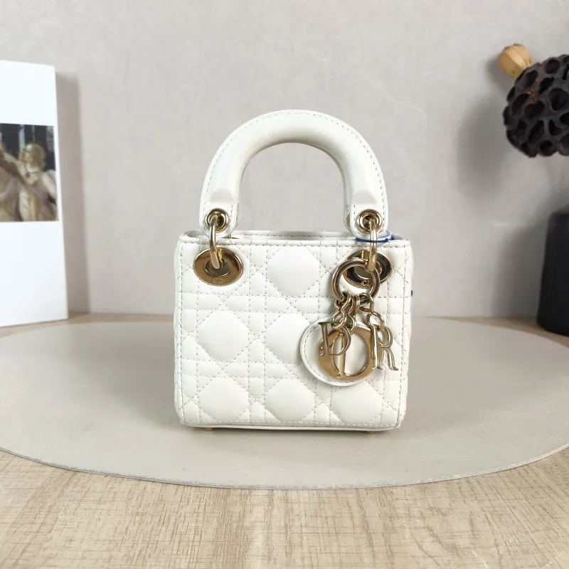 DIOR Crossbody Bag Lady Lady Dior Bag White Lambskin Mini 12 × 5 × 10 cm