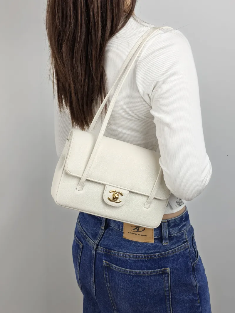 Chanel Shoulder Bag 26p preppy coco White Grained Calfskin Small 22 × 7 × 15 cm — on-model view 1 of 2