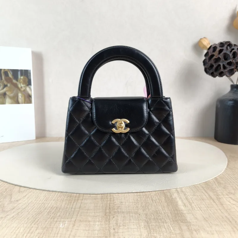 Chanel Crossbody Bag Kelly Black Waxed Leather Mini 19 × 7 × 13 cm