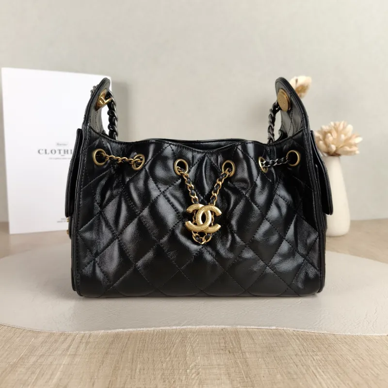 Chanel Shoulder Bag 25Bag Black Waxed Leather Calfskin Mini 20 × 12.5 × 22 cm
