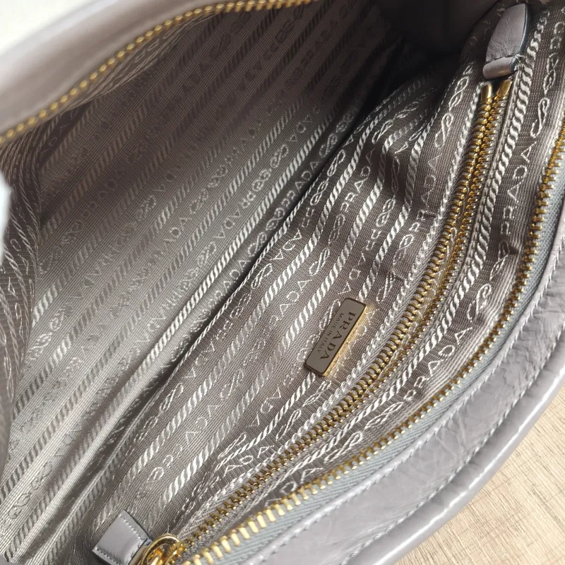PRADA Shoulder Bag Bonnie Soft Lux Grey Waxed Leather Calfskin Medium 32 × 12 × 15.5 cm — detail view 12 of 13