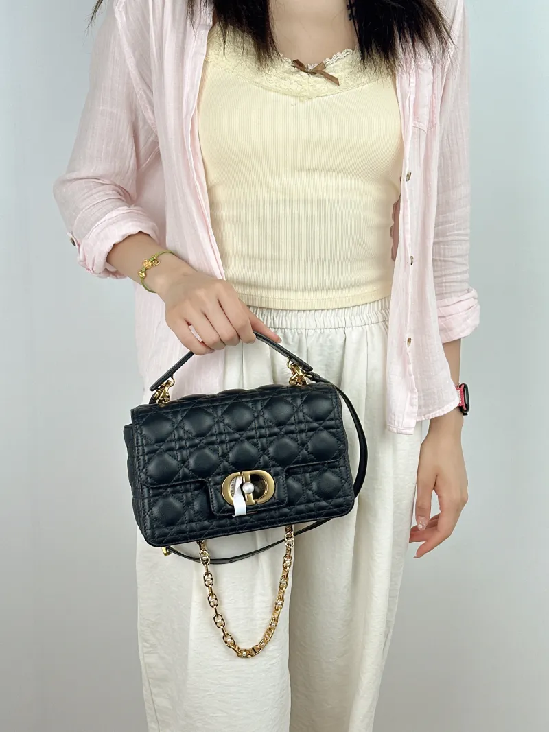 DIOR Shoulder Bag Jolie Top Handle Pearl Crossbody Bag Black Calfskin Small22 × 8 × 14 cm — on-model view 1 of 3