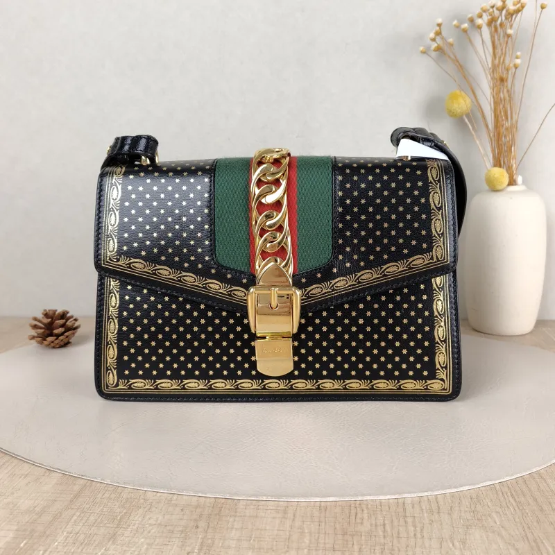 GUCCI Crossbody Bag Sylvie Shoulder Strap Edition Black Calfskin Small 25.5 × 8 × 17 cm
