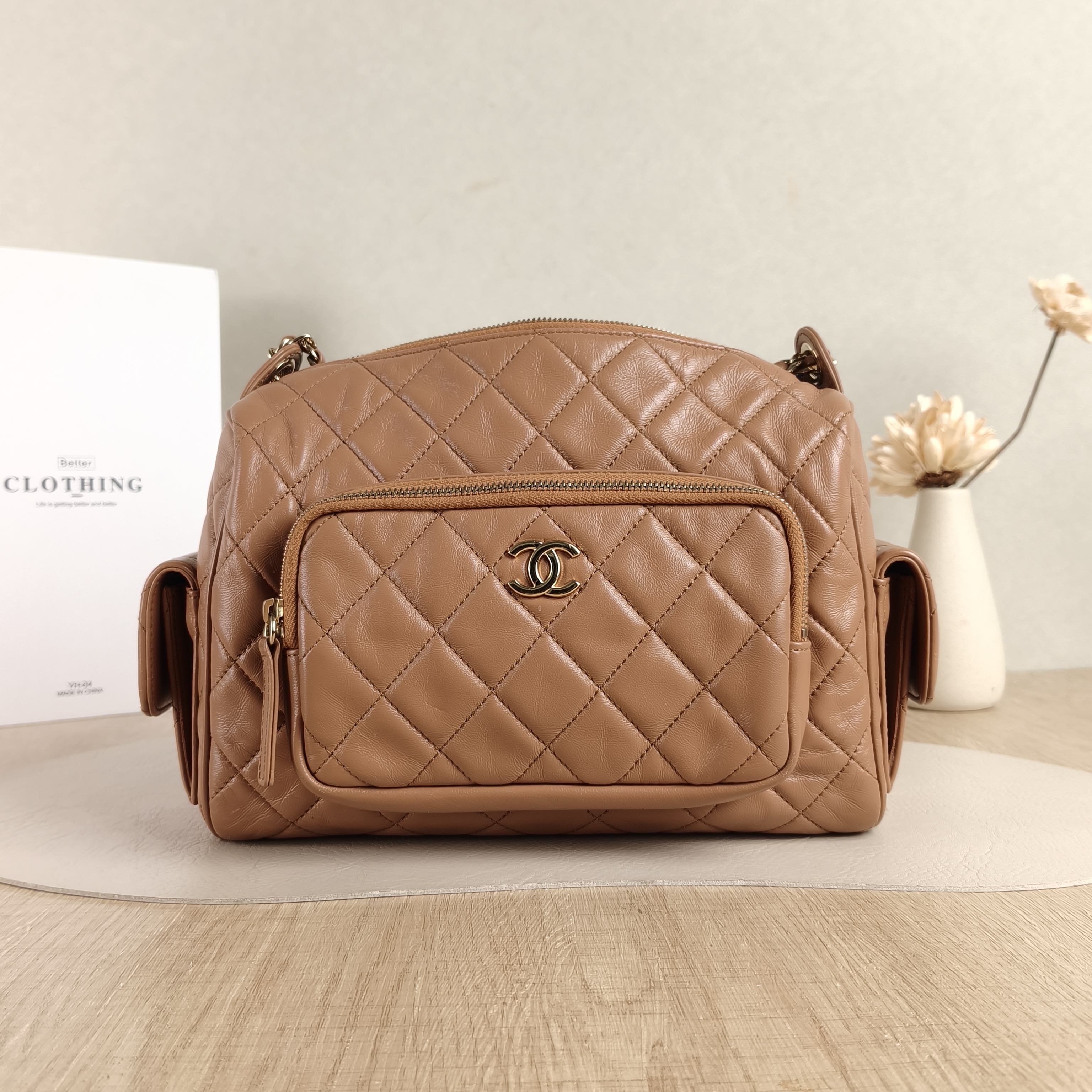 Chanel Crossbody Bag Camera Bag Taupe Lambskin One Size24 × 17 × 18 cm