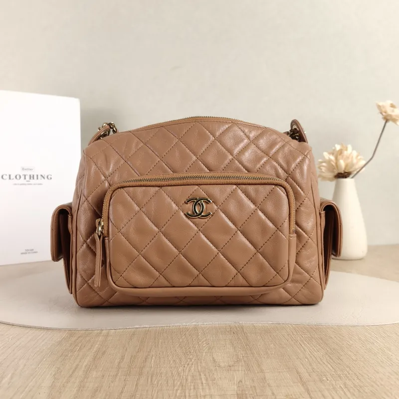 Chanel Crossbody Bag Camera Bag Taupe Lambskin One Size24 × 17 × 18 cm