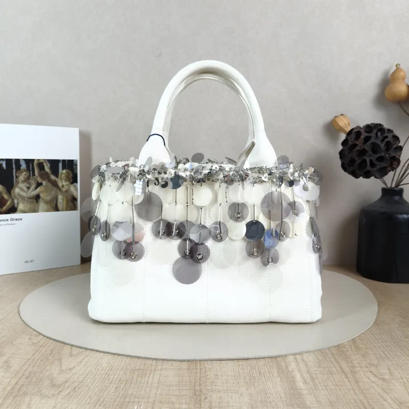 PRADA Top Handle Bag Canape White Canvas 28 × 15 × 18 cm