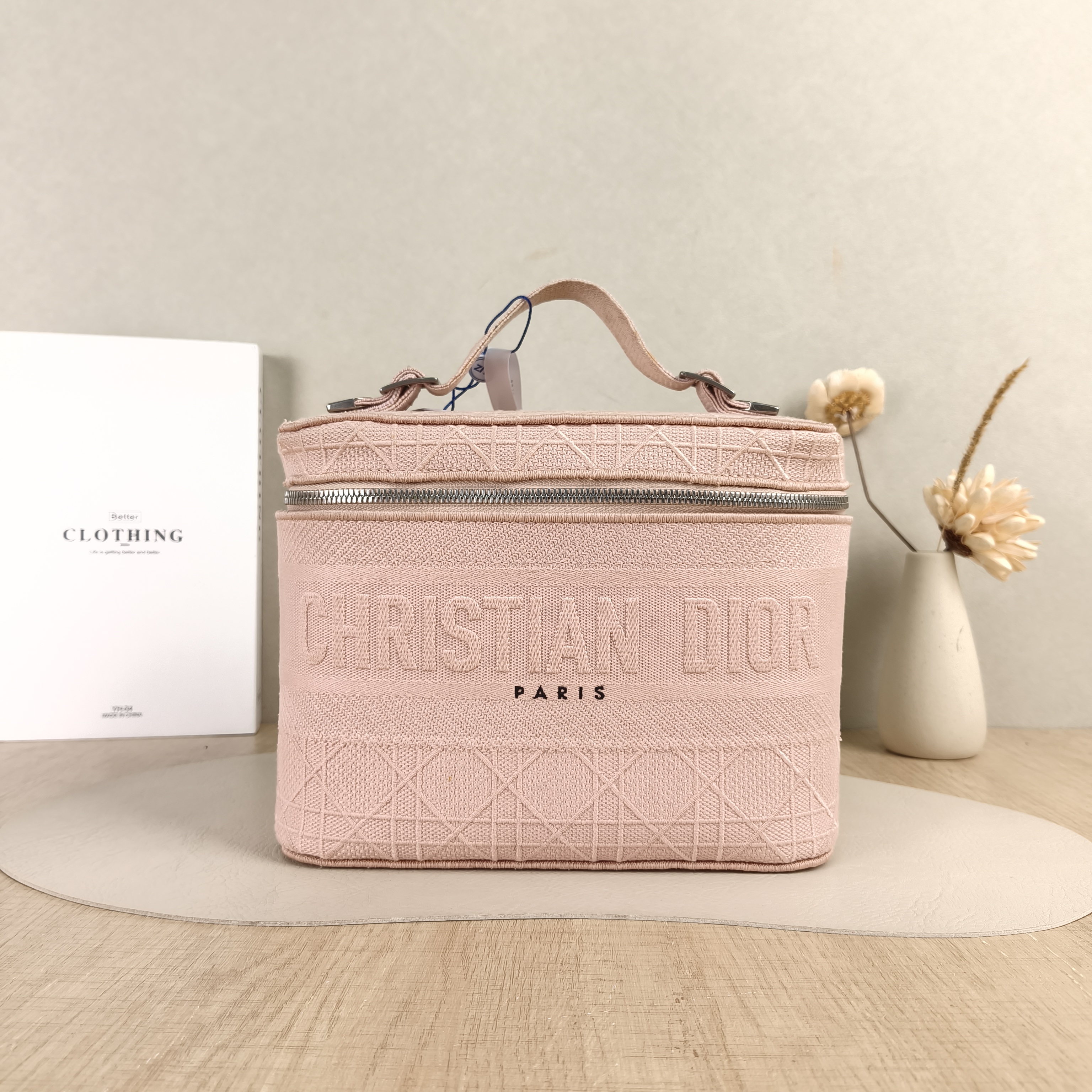 DIOR Top Handle Bag Travel Vanity Cosmetic Bag Pink Canvas Medium24.5 × 13.5 × 17 cm