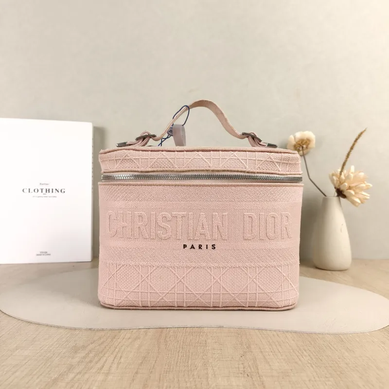 DIOR Top Handle Bag Travel Vanity Cosmetic Bag Pink Canvas Medium24.5 × 13.5 × 17 cm