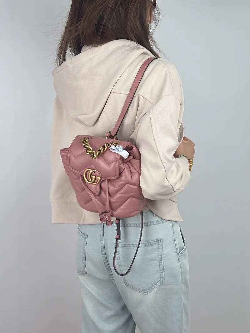 GUCCI Backpack GG Marmont Marmont Backpack Pink Lambskin Mini 20 × 11 × 19 cm — on-model view 2 of 3