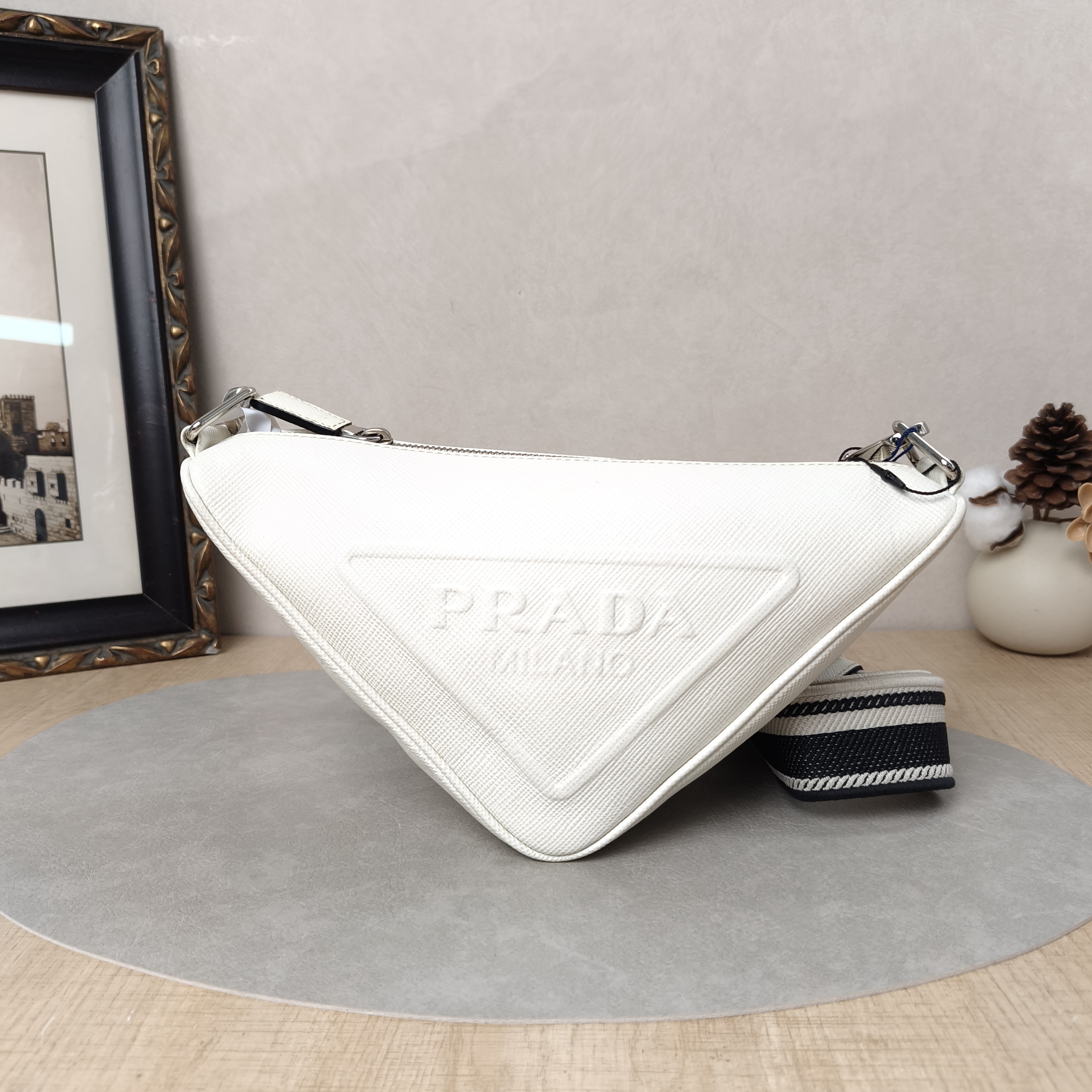 PRADA Shoulder Bag Triangle White 28 × 11 × 18 cm