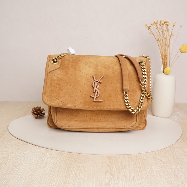 SAINT LAURENT Niki D Medium Brown Suede · 28 × 8.5 × 20 cm