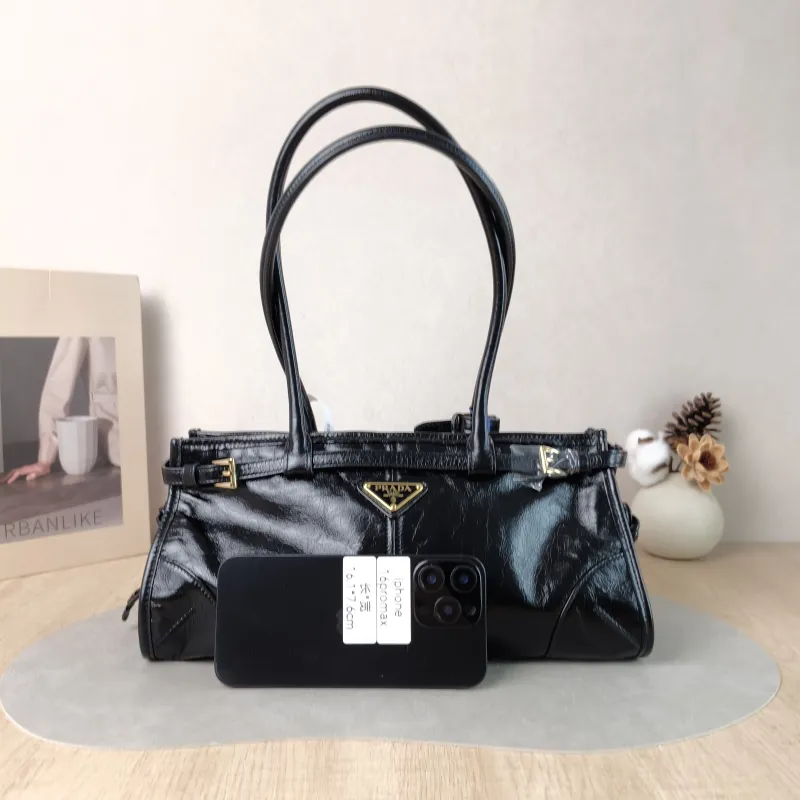 PRADA Shoulder Bag Bonnie Soft Lux Black Waxed Leather Medium 32 × 12 × 15.5 cm — cover view 3 of 6