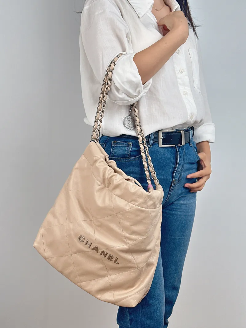 Chanel Shoulder Bag 22Bag Beige Calfskin Small 35 × 7 × 37 cm — on-model view 1 of 2