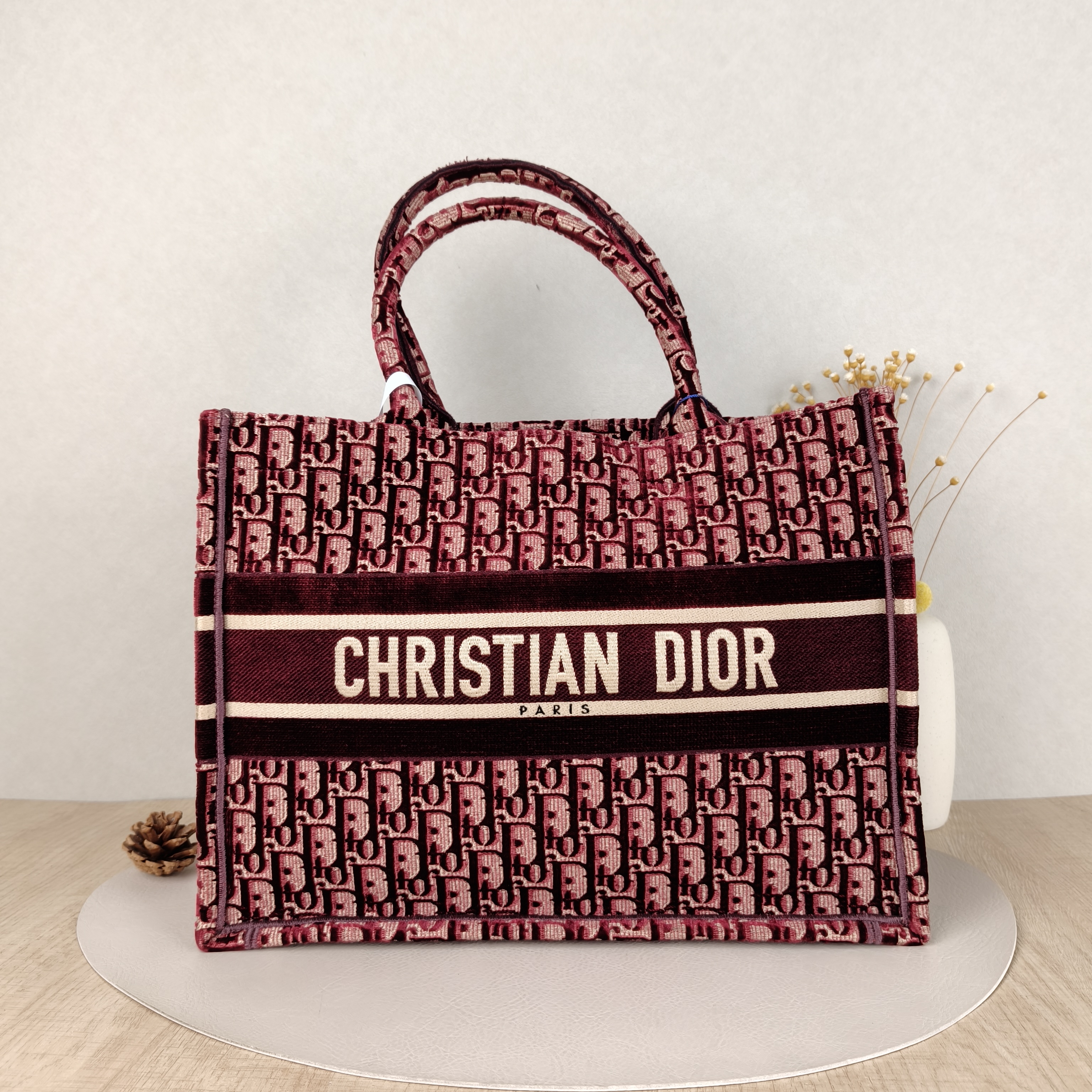 DIOR Top Handle Bag Book Tote Burgundy Canvas Embroidered Medium 36 × 16.5 × 27.5 cm
