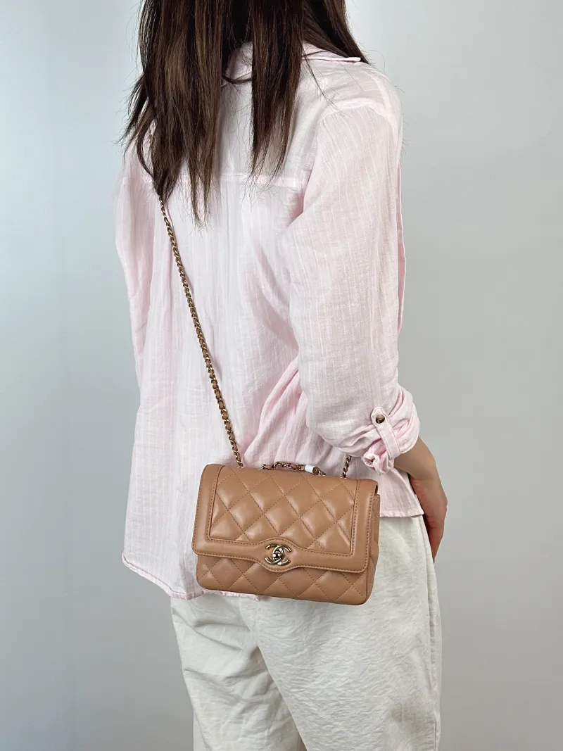 Chanel Crossbody Bag Crossbody Bag Taupe Calfskin One Size20 × 3.5 × 14 cm — on-model view 1 of 3