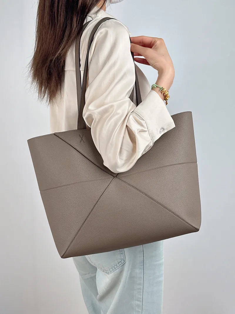 LOEWE Shoulder Bag Puzzle Fold Shopping Tote Dark Grey Calfskin Medium 31.5 × 12.5 × 29 cm — on-model view 2 of 2
