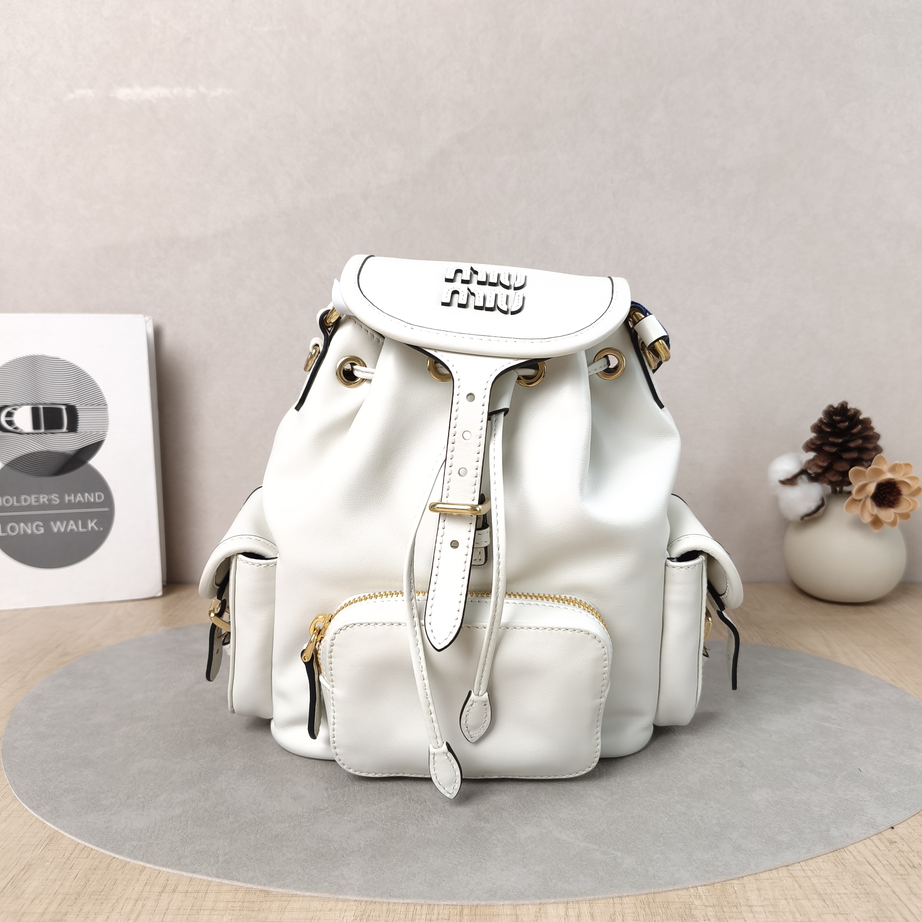 Miumiu Backpack White Calfskin Small 18 × 11.5 × 22 cm