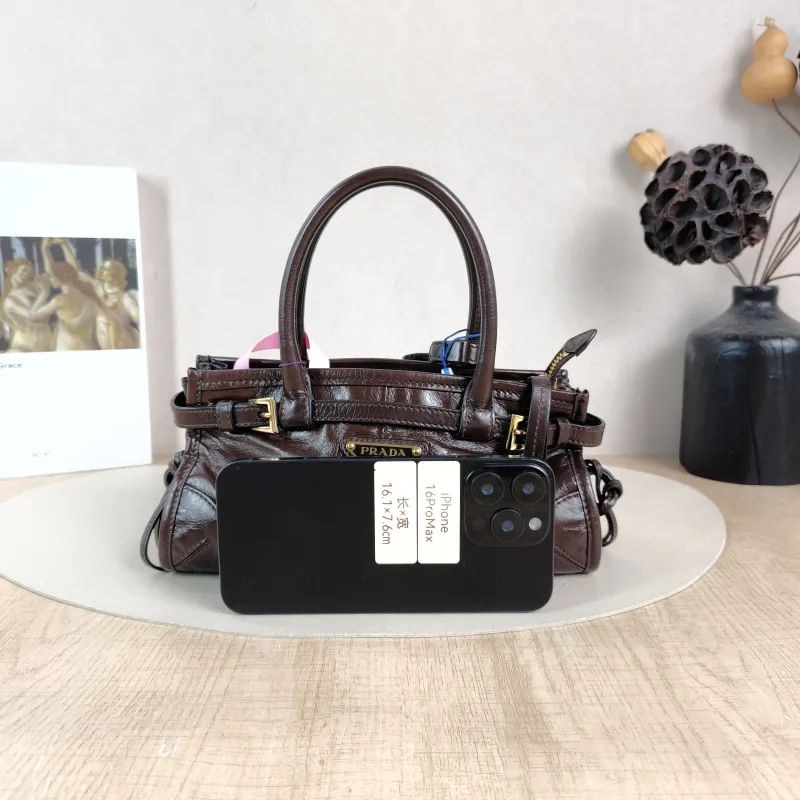 PRADA Top Handle Bag Bonnie Soft Lux Brown Waxed Leather Mini 23.5 × 9 × 12 cm — cover view 5 of 5