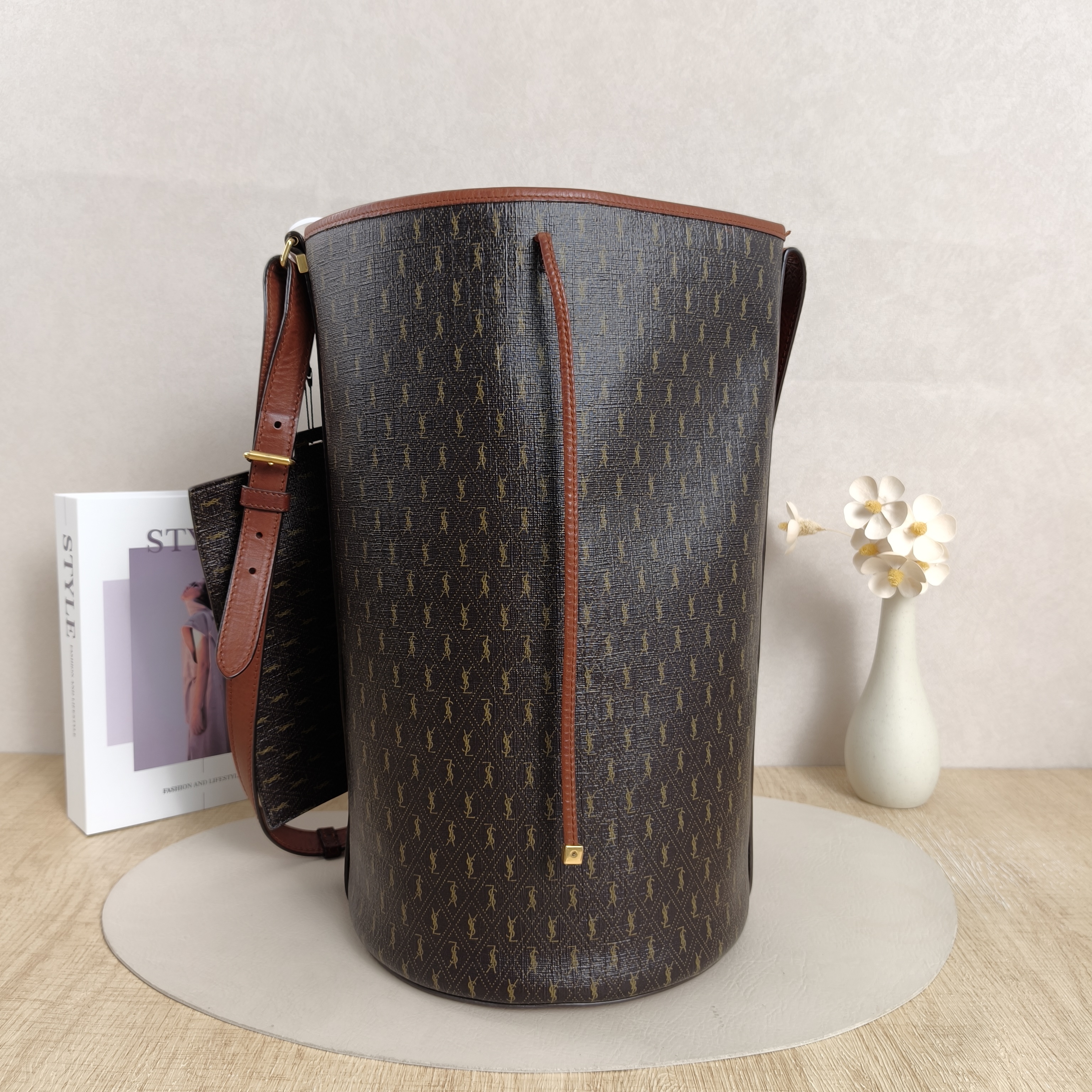 SAINT LAURENT Shoulder Bag Bucket Bag Brown PVC One Size21 × 21 × 37.5 cm