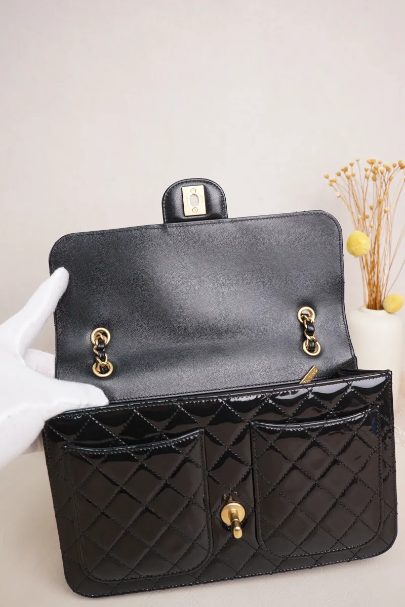 Chanel 25b Shoulder Crossbody Bag Black Patent Leather Microchip Edition · Dust Bag · 25 × 6 × 17 cm — detail view 3 of 20