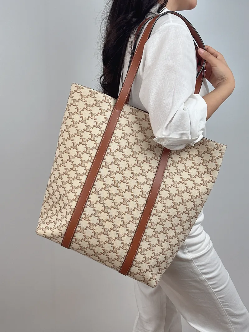 CELINE Shoulder Bag soft shopper Shoulder Bag Brown White Calfskin 31 × 12 × 38 cm — on-model view 1 of 2